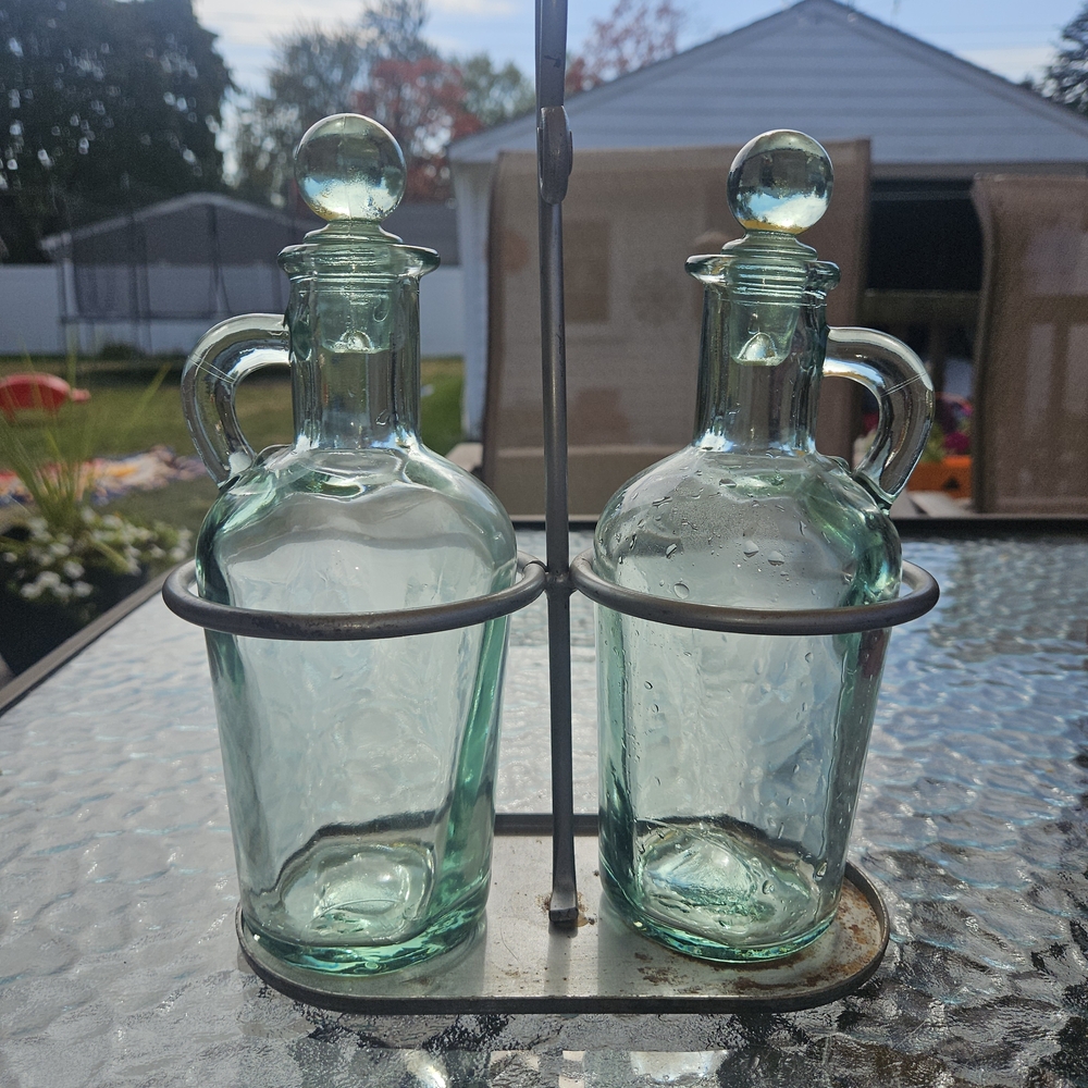 Vintage Handblown Glass Oil And Vinegar Cruets 9 In. With Stand And Stoppers EUC